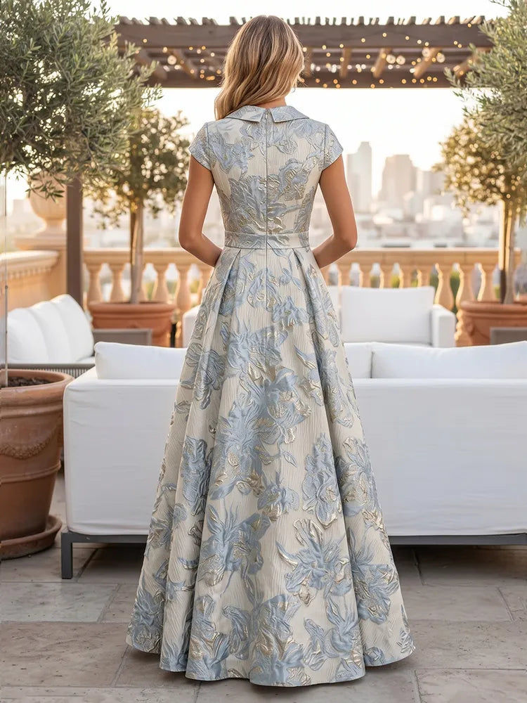 Elegant A-Line V-Neck Cap-Sleeve Jacquard Floor-Length Mother of the Bride Dress