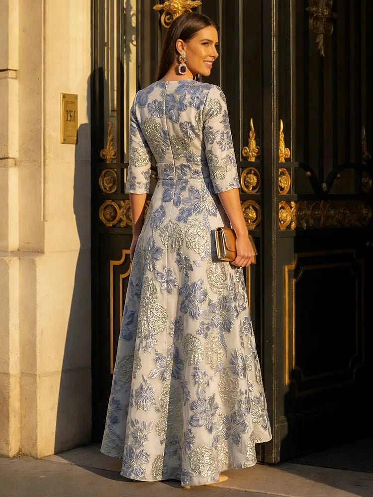 Elegant A-Line V-Neck Three-Quarter-Sleeve Jacquard High-Low Mother of the Bride Dress