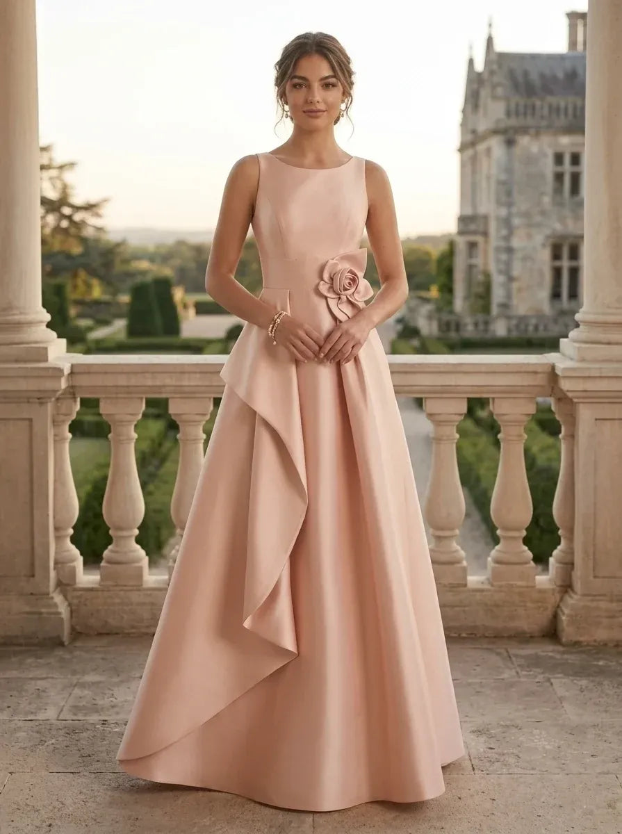 Elegant A-Line Round Neck Sleeveless Zipper Back Floor-Length Evening Dress