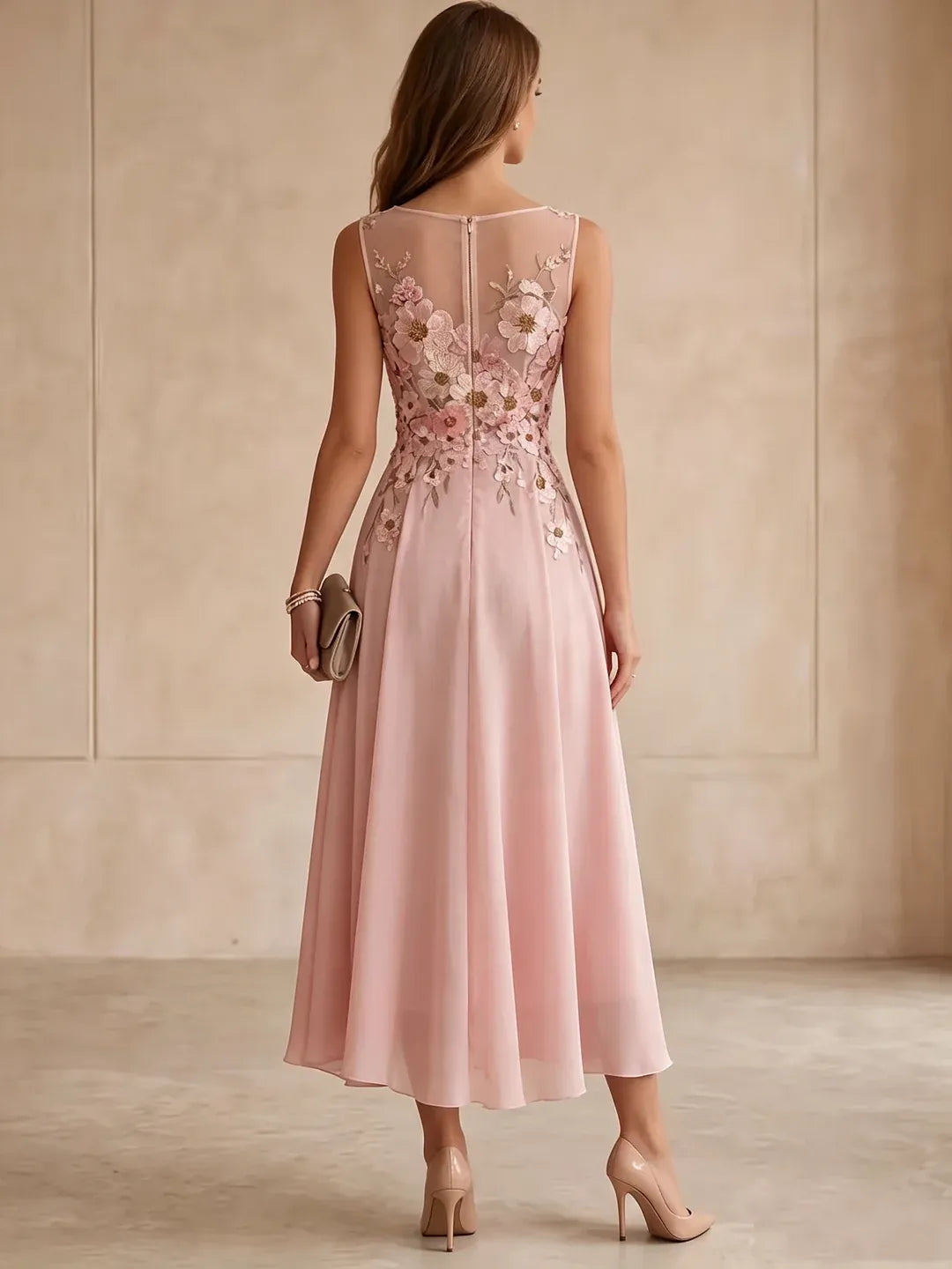 Romantic A-Line Bateau-Neck Sleeveless Zip-Back Floral Midi Wedding Guest Dress