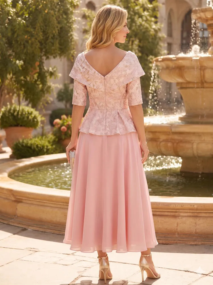 Elegant A-Line V-Neck Elbow-Sleeve Jacquard Tea-Length Mother of the Bride Dress
