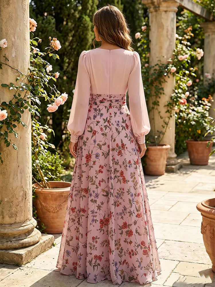 Romantic A-Line V-Neck Long-Sleeve Chiffon Floor-Length Mother of the Bride Dress