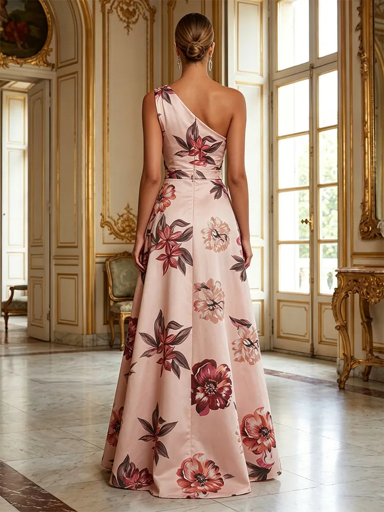 Elegant A-Line One-Shoulder Sleeveless Satin Floor-Length Floral Mother of the Bride Dress
