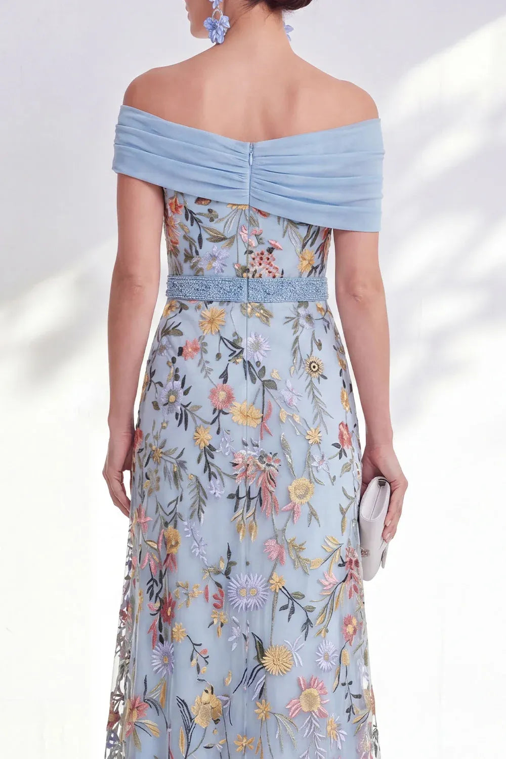 Romantic Tulle A-Line Off-Shoulder Short-Sleeve Zipper-Back Floor-Length Mother of the Bride Dress