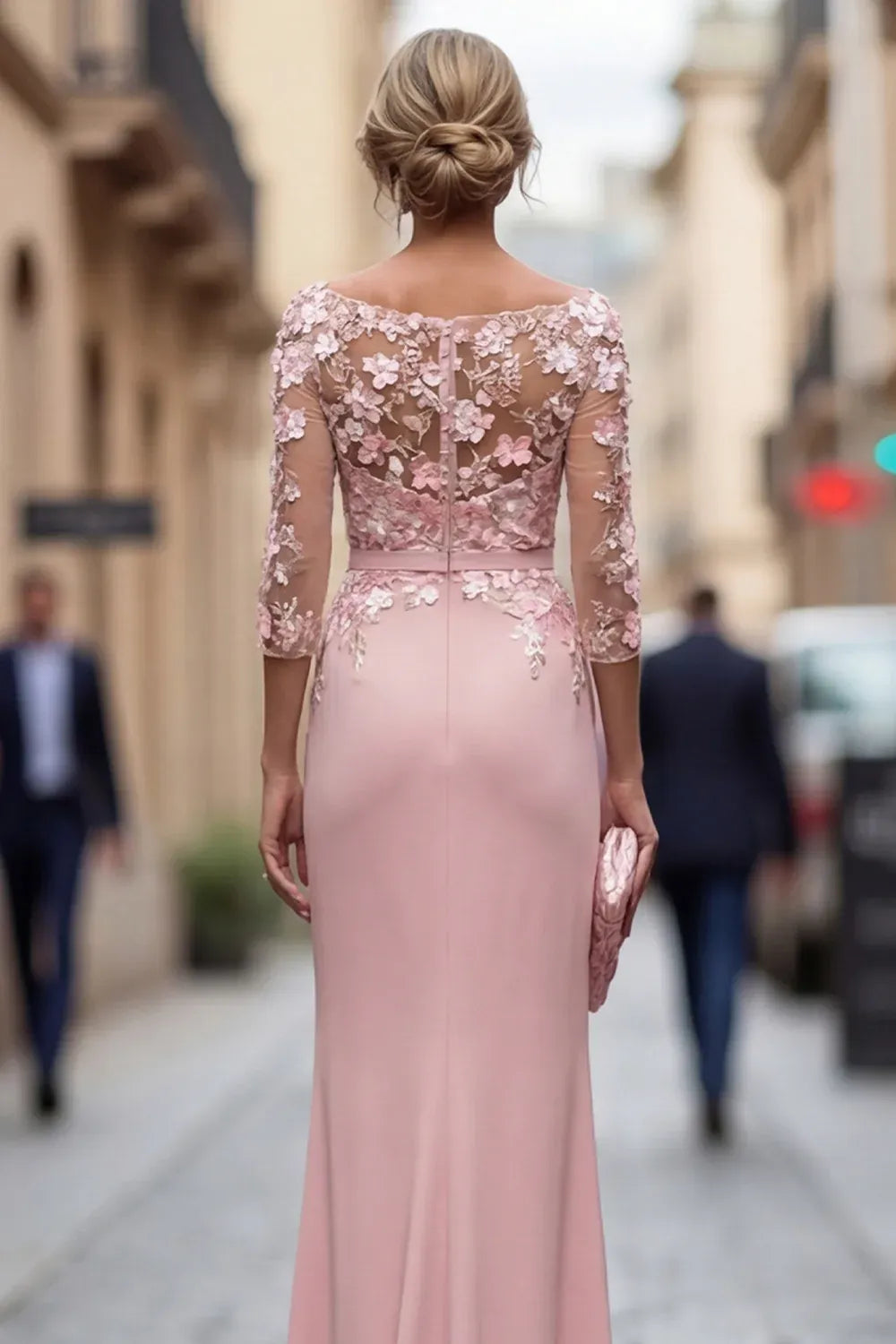 Graceful Lace Sheath Bateau Three-Quarter-Sleeve Illusion-Back Floor-Length Mother of the Bride Dress