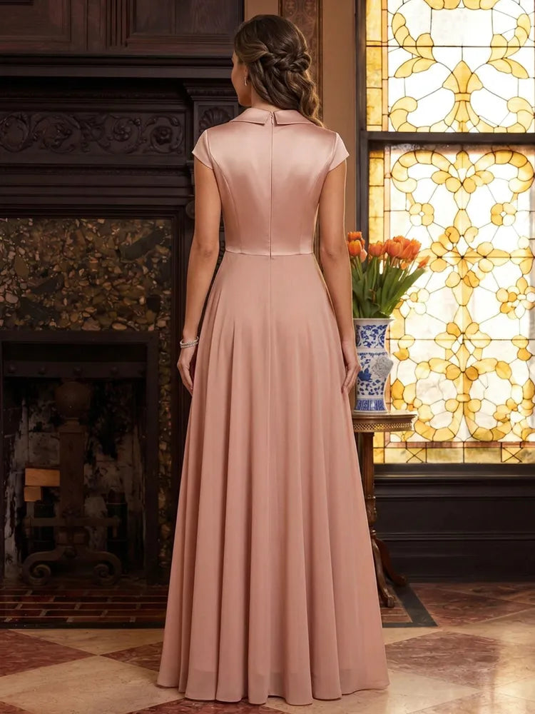 Elegant A-Line Lapel V-Neck Floral Floor-Length Mother of the Bride Dress