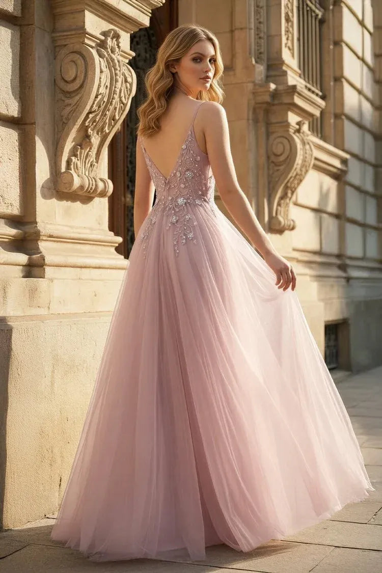 Romantic A-Line V-Neck Sleeveless Deep-V Back Tulle Floor-Length Prom Dress