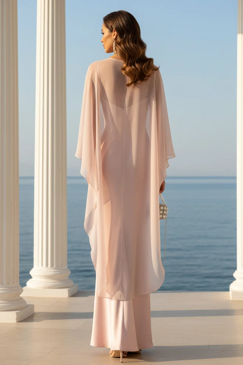 Elegant Sheath Boat Neck Cape Sleeve Chiffon Mother of the Bride Dress