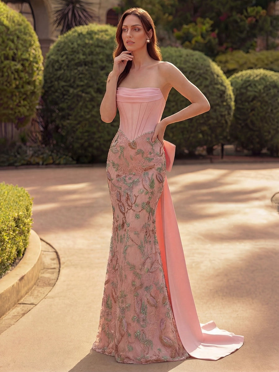 Elegant Embroidered Lace Sheath Straight-Neck Strapless Lace-Up Bow-Train Floor-Length Evening Dress