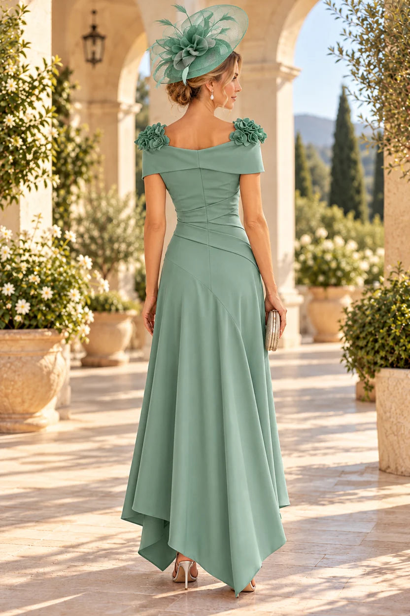 Elegant A-Line Off-Shoulder Short Sleeve Crepe High-Low Mother of the Bride Dress