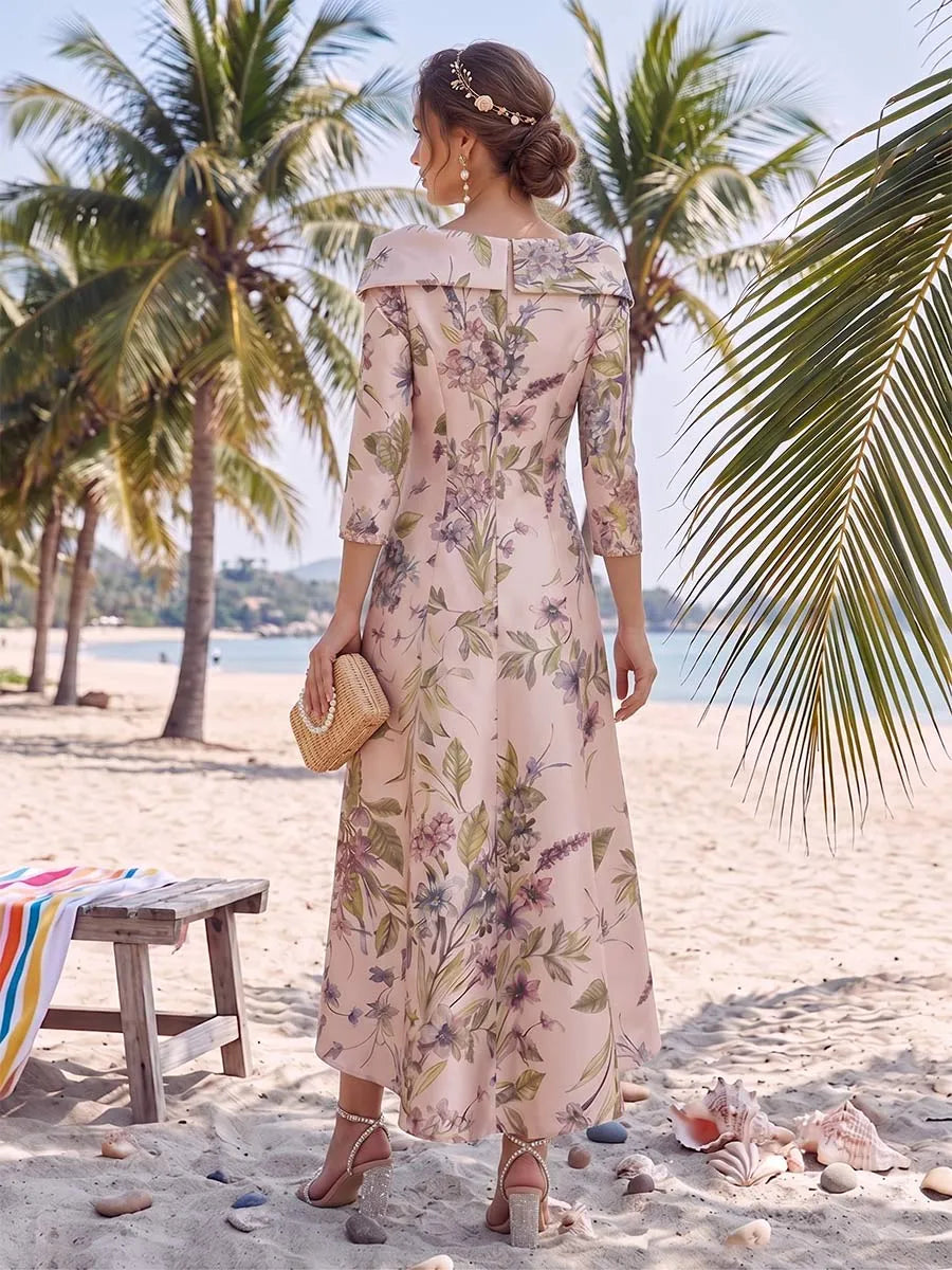 Romantic A-Line Off Shoulder Three Quarter Sleeve Zipper High-Low Wedding Guest Dress