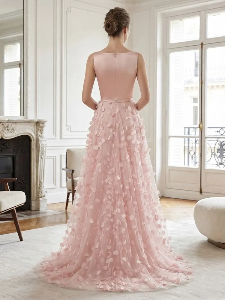 Romantic A-Line Bateau Neck Sleeveless Satin Tulle Floor-Length Wedding Guest Dress