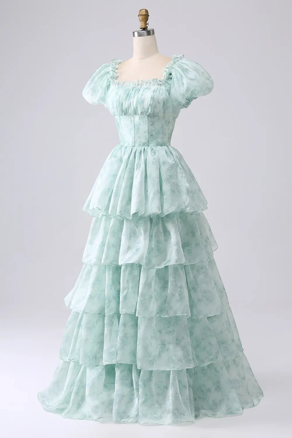 Romantic A-Line Square Neck Puff Sleeve Closed Back Floor Length Prom Dress
