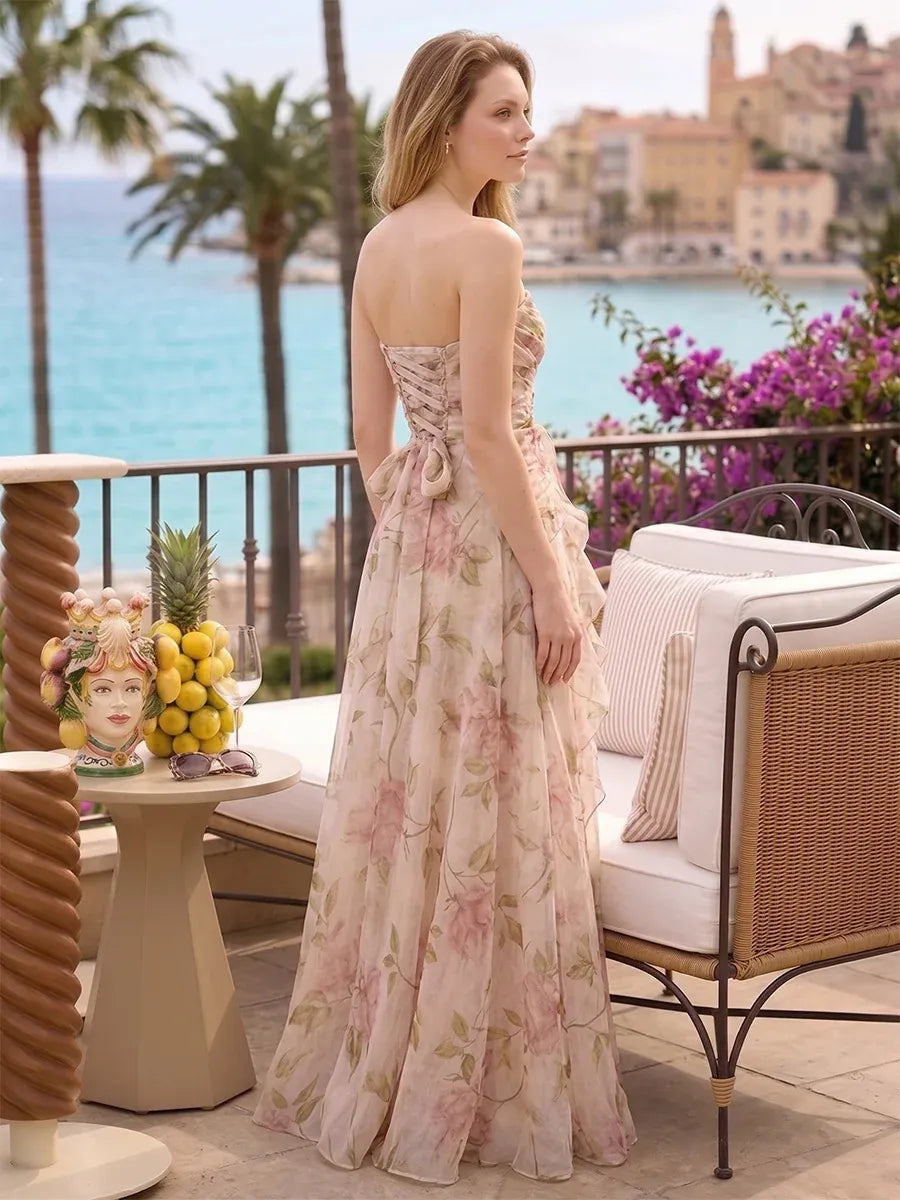 Romantic A-Line Strapless Sleeveless Lace-Up Floral Floor-Length Wedding Guest Dress
