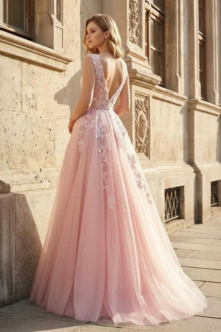 Romantic A-Line Bateau Neck Sleeveless Deep-V Back Floor-Length Prom Dress