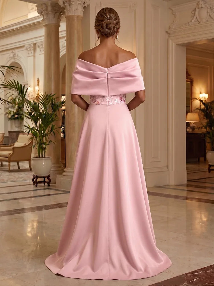 Elegant Sheath Off-Shoulder Short-Sleeve Satin Floor-Length Mother of the Bride Dress
