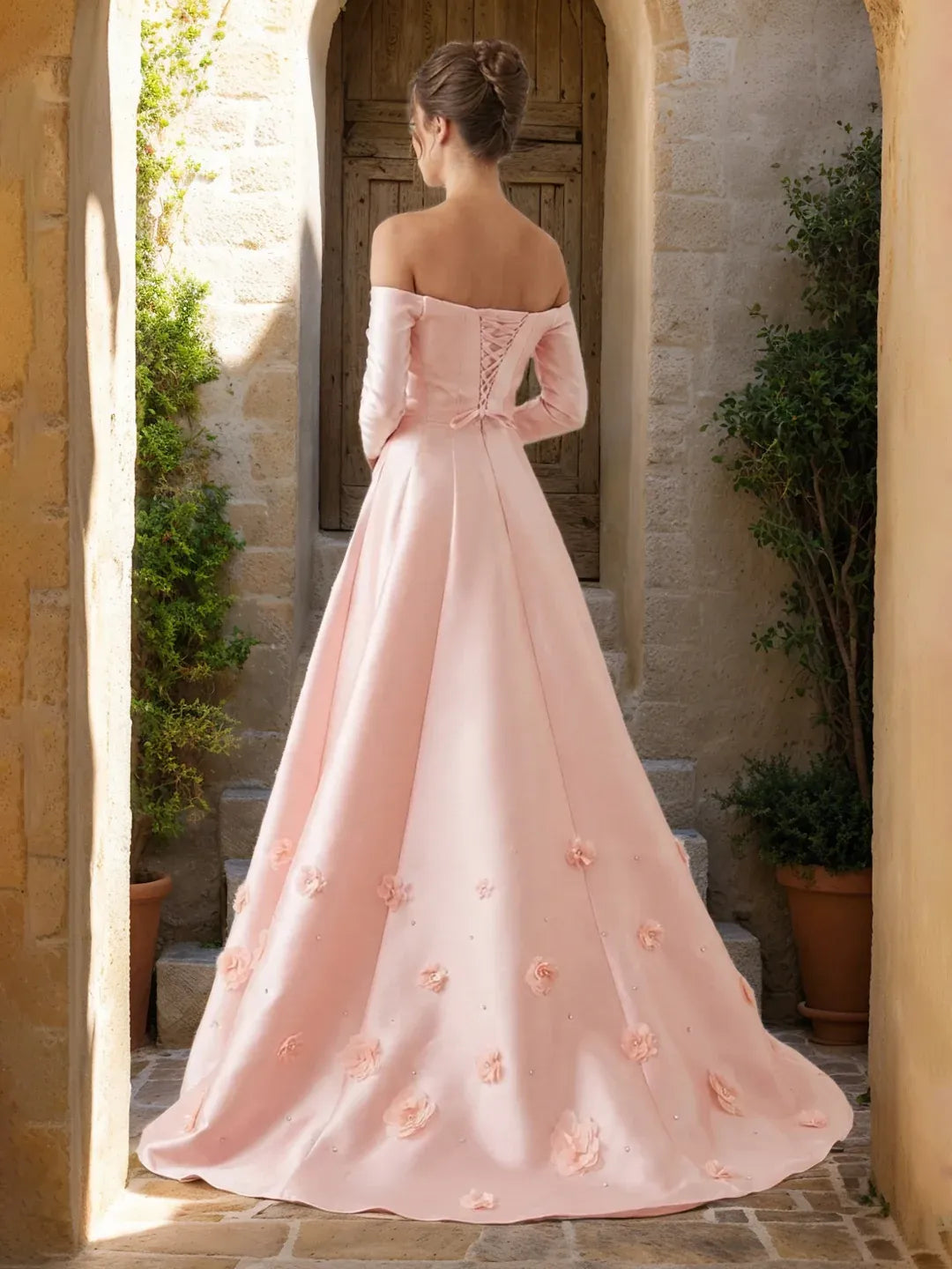 Romantic A-Line Off-Shoulder Long-Sleeve Lace-Up Floral Floor-Length Prom Dress