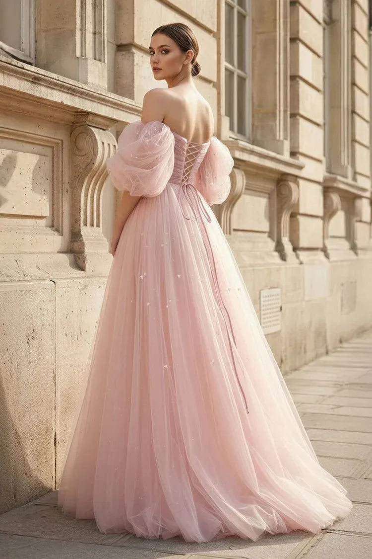 Romantic A-Line Off-Shoulder Puff Sleeve Lace-Up Floor-Length Prom Dress