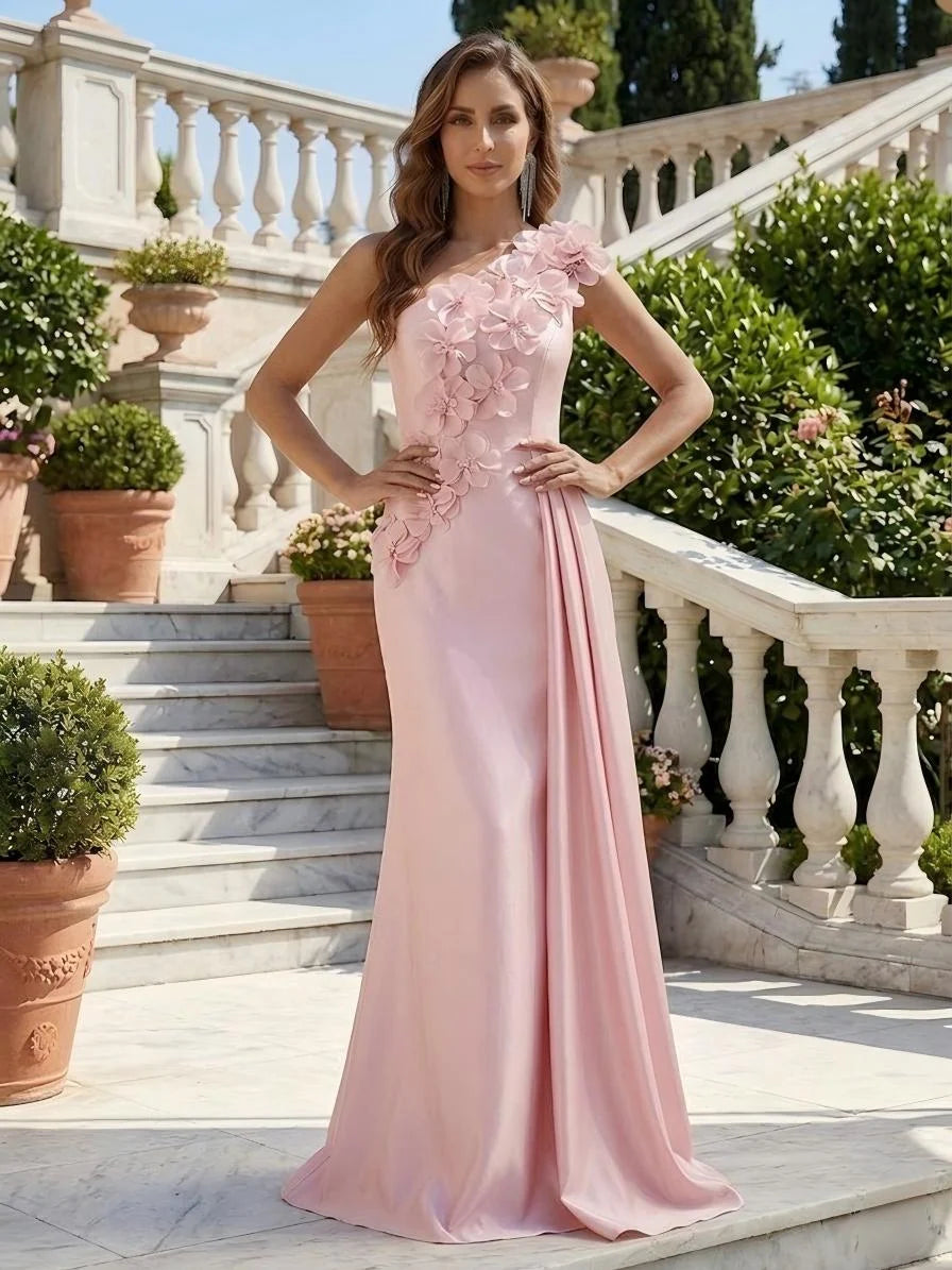 Romantic Sheath One Shoulder Sleeveless Crepe Floor Length Evening Dress