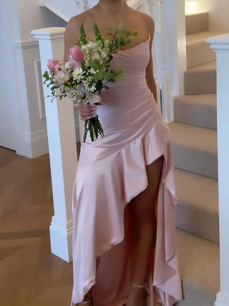 Romantic Satin Sheath Cowl Neck Sleeveless Lace-Up Back High-Low Prom Dress