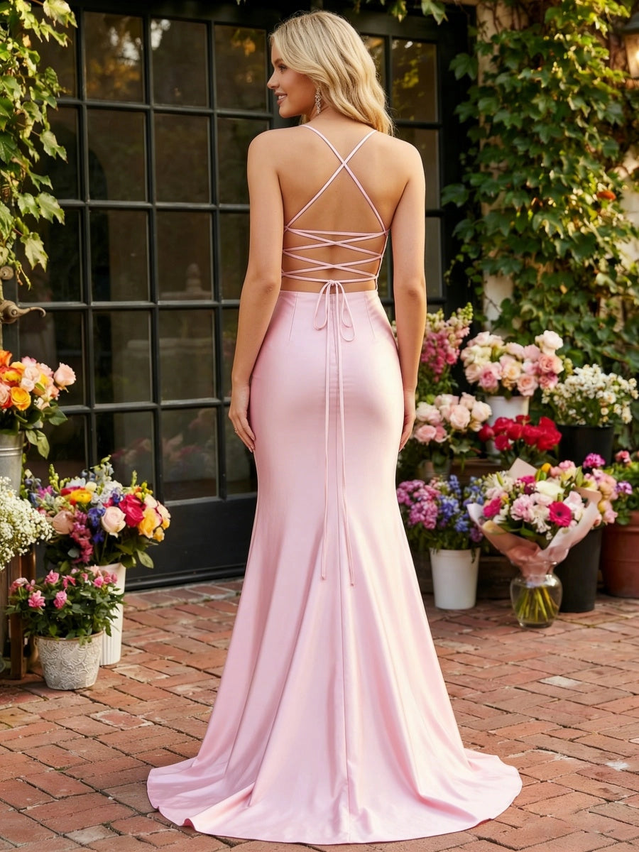 Elegant Satin Mermaid Scoop-Neck Spaghetti-Strap Lace-Up Train Prom Dress
