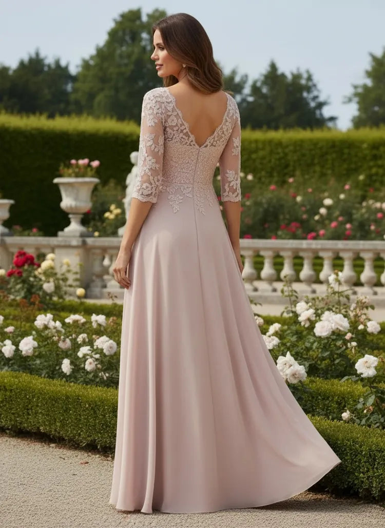 Elegant A-Line V-Neck Three-Quarter-Sleeve Lace Floor-Length Mother of the Bride Dress