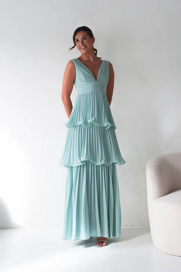 Romantic A-Line V-Neck Sleeveless V-Back Tiered Pleated Maxi Wedding Guest Dress