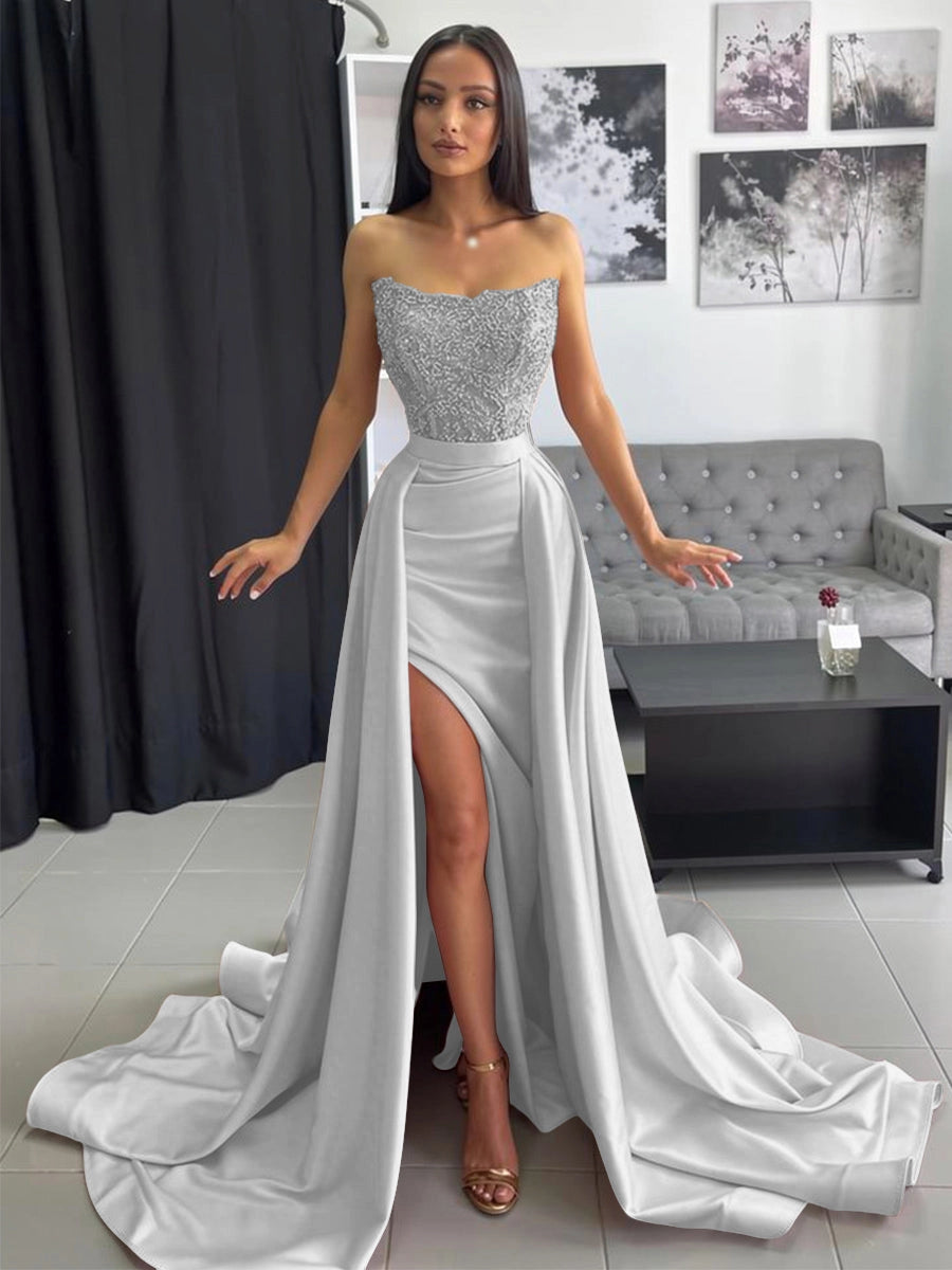 Elegant Blush Satin A-Line Sweetheart Strapless Beaded Zipper-Back High-Slit Train Prom Dress