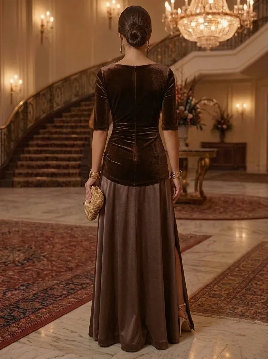 Elegant A-Line V-Neck Three-Quarter Sleeve Zip Back Floor Length Evening Dress