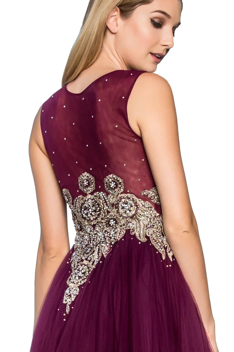 Elegant A-Line Jewel-Neck Sleeveless Sheer-Back Beaded Floor-Length Prom Dress