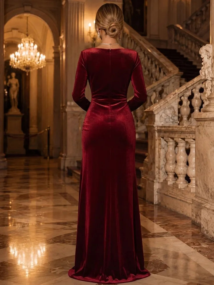 Elegant Column Cowl-Neck Long-Sleeve Velvet Floor-Length Evening Dress