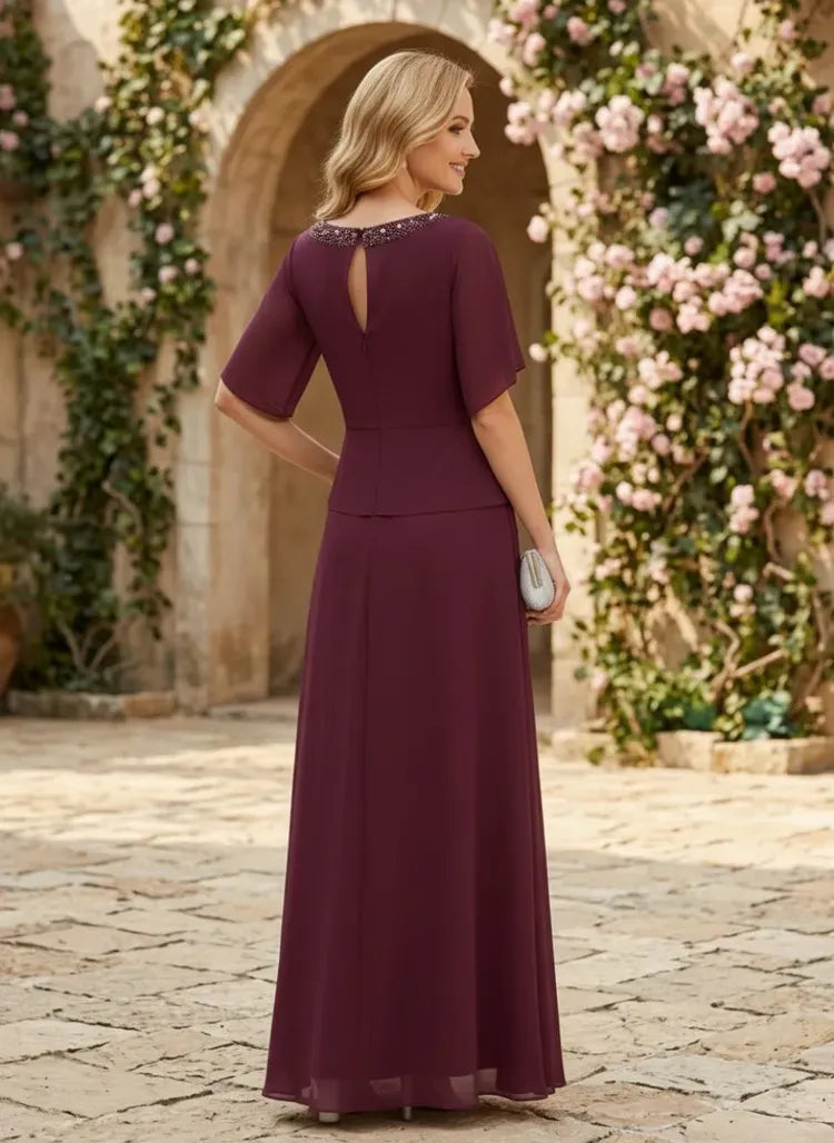 Elegant A-Line Jewel-Neck Flutter-Sleeve Keyhole-Back Floor-Length Mother of Bride Dress