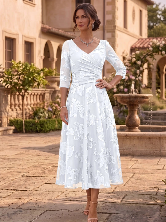 Elegant A-Line V-Neck Three Quarter Sleeve Closed Back Floral Tea Length Mother of the Bride Dress
