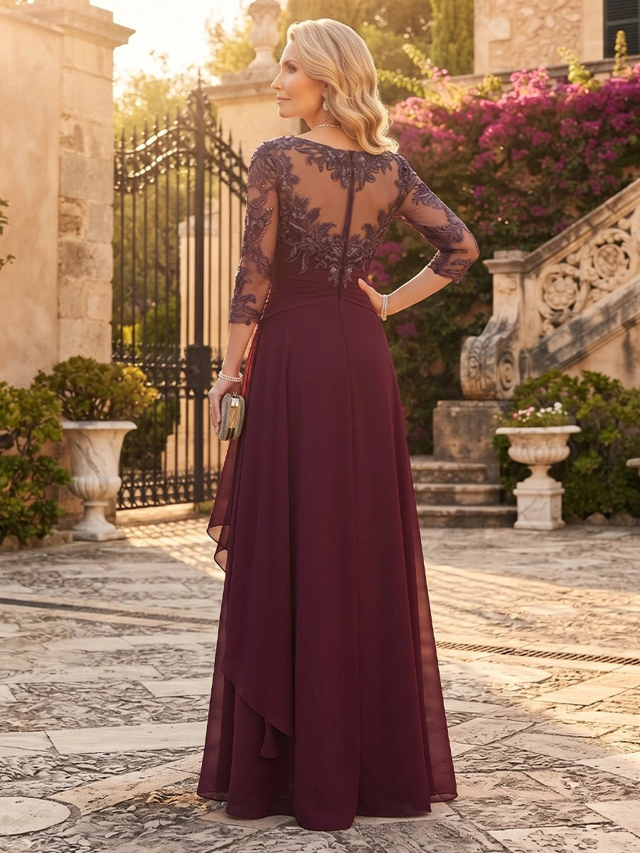 Elegant A Line Illusion Neck 3/4 Sleeve Sheer Back Layered Floor Length Mother of the Bride Dress