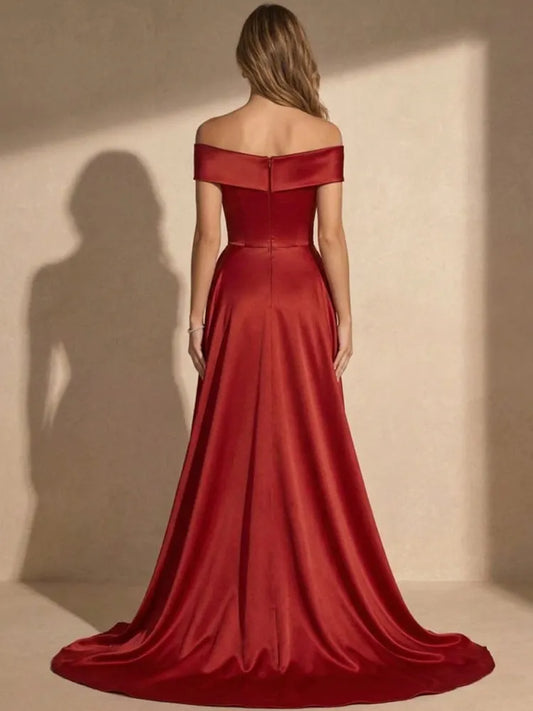 Glamorous Sheath Off Shoulder Short Sleeve Satin Floor Length Evening Dress