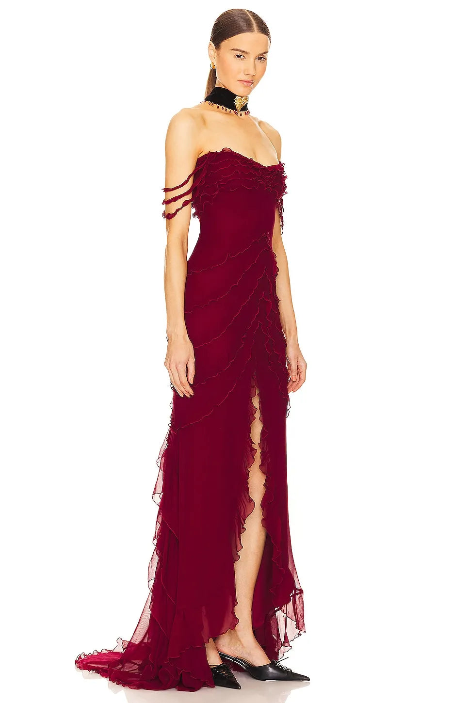 Ruffled Sheath Sweetheart Off Shoulder Zipper Back Floor Length Evening Dress