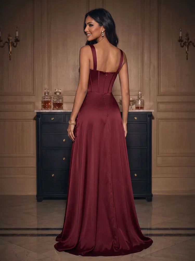 Elegant A-Line Square Neck Sleeveless Satin Floor-Length Evening Dress