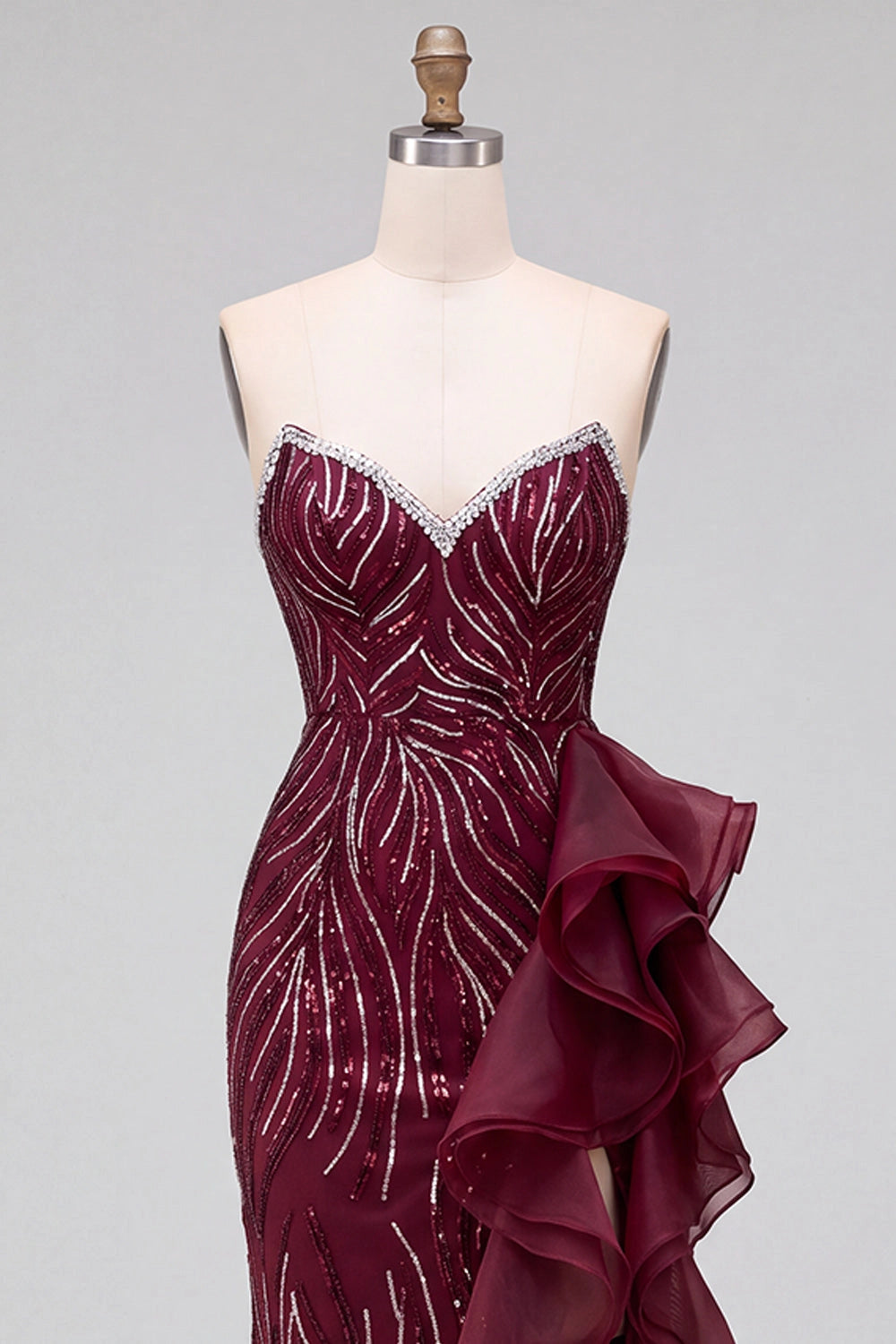 Glamorous Mermaid Sweetheart Strapless Zipper Back Ruffle High Slit Floor Length Prom Dress