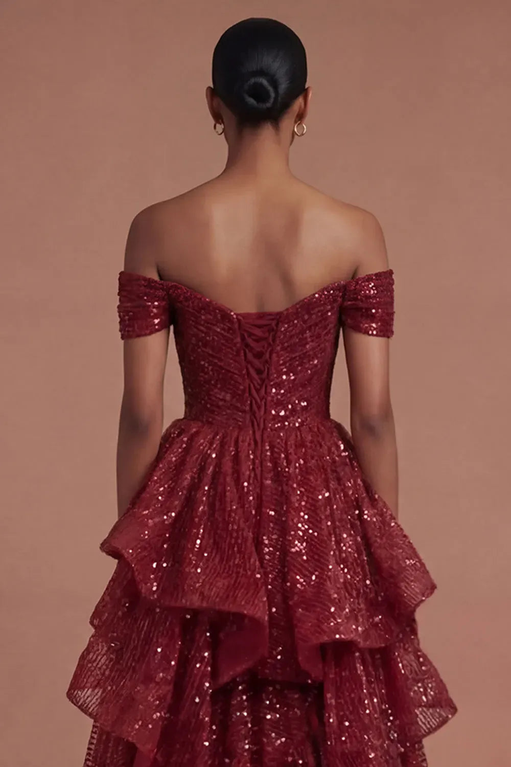 Glamorous Burgundy Sequin A-Line Sweetheart Off Shoulder Lace-Up Floor Length Prom Dress