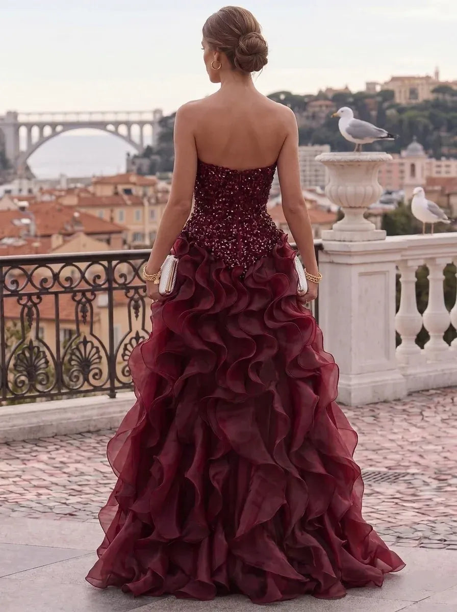 Glamorous Ball-Gown Sweetheart Sleeveless Closed-Back Ruffled Floor-Length Burgundy Prom Dress