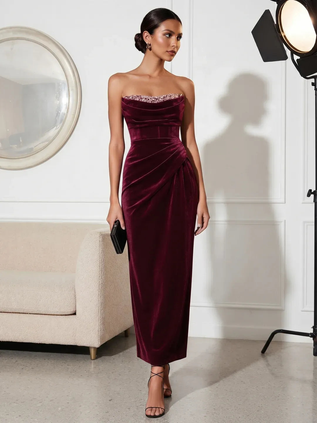 Elegant Column Draped-Neck Strapless Zip-Back Velvet Midi Evening Dress