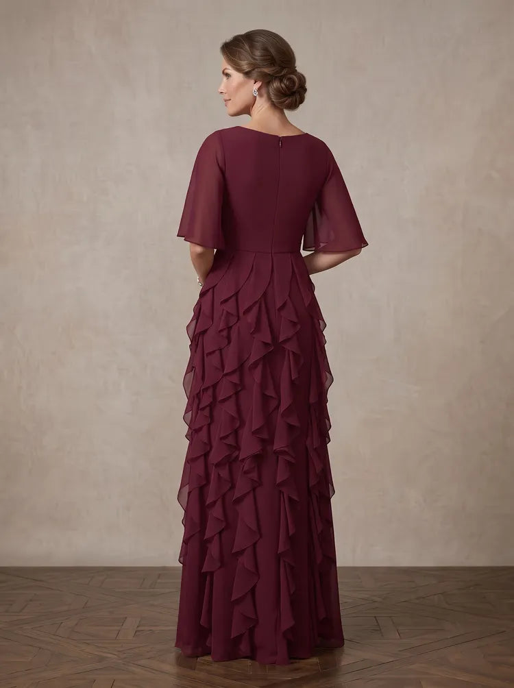 Elegant A-Line V-Neck Flutter-Sleeve Chiffon Ruffled Floor-Length Mother of the Bride Dress