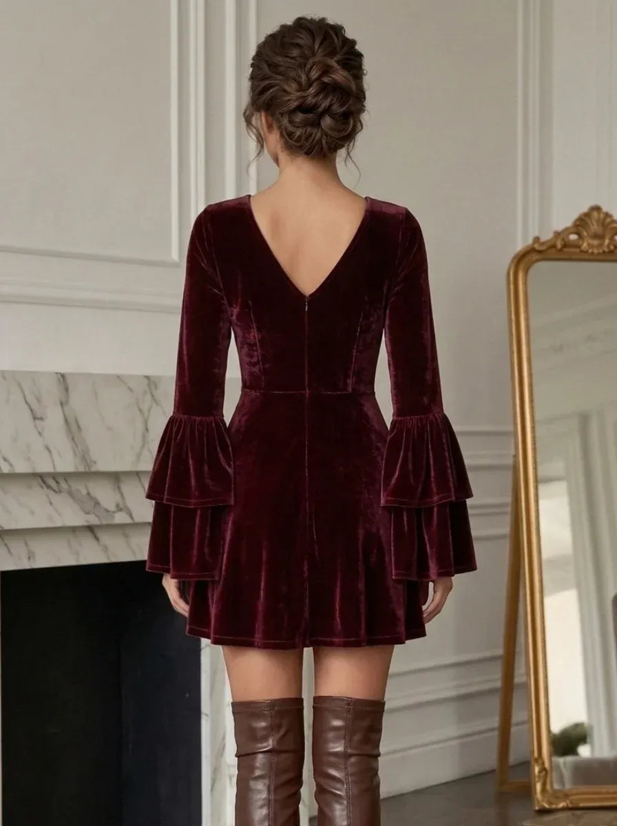 Romantic A-Line V-Neck Bell-Sleeve V-Back Velvet Mini Homecoming Dress