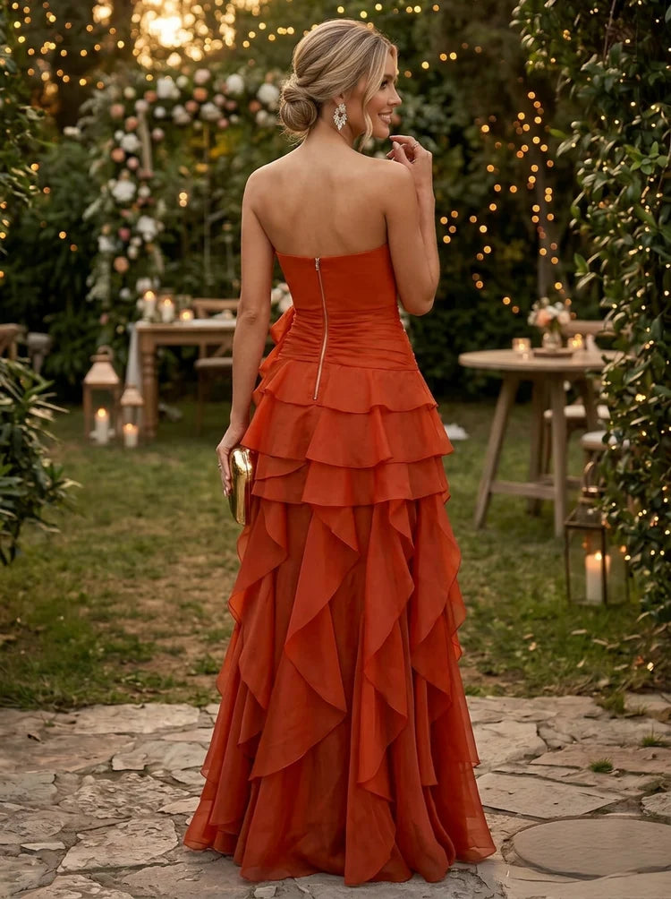 Glamorous A-Line Strapless Ruched Chiffon Tiered Floor-Length Evening Dress