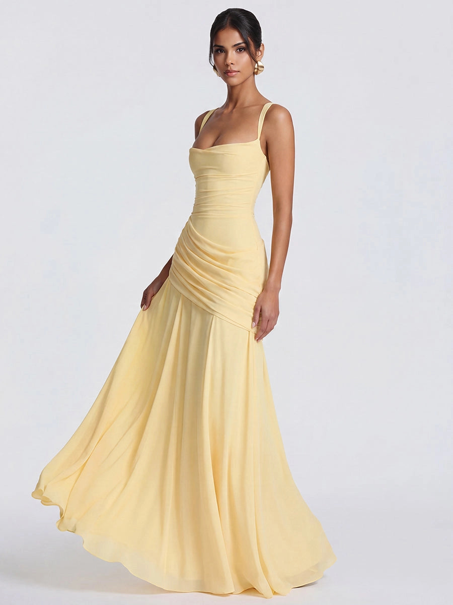 Elegant Chiffon A-Line Square Neck Sleeveless Closed Back Floor-Length Prom Dress