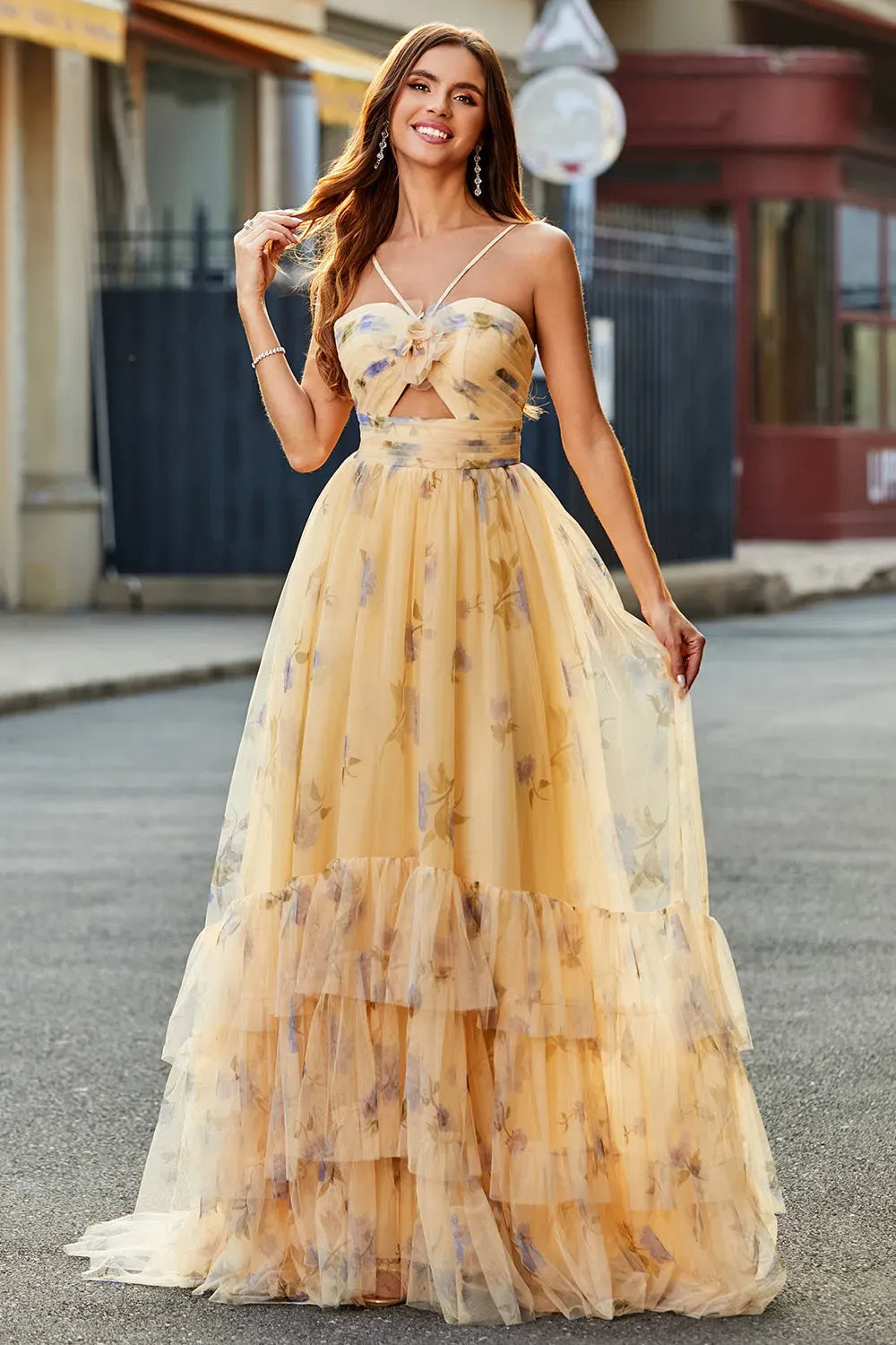 Romantic A-Line Sweetheart Spaghetti Strap Zipper Back Tiered Yellow Prom Dress