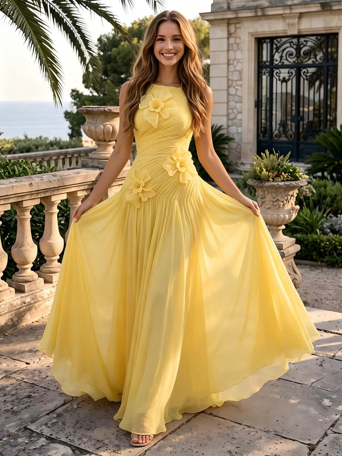 Romantic A Line Halter Neck Sleeveless Chiffon Floor Length Evening Dress