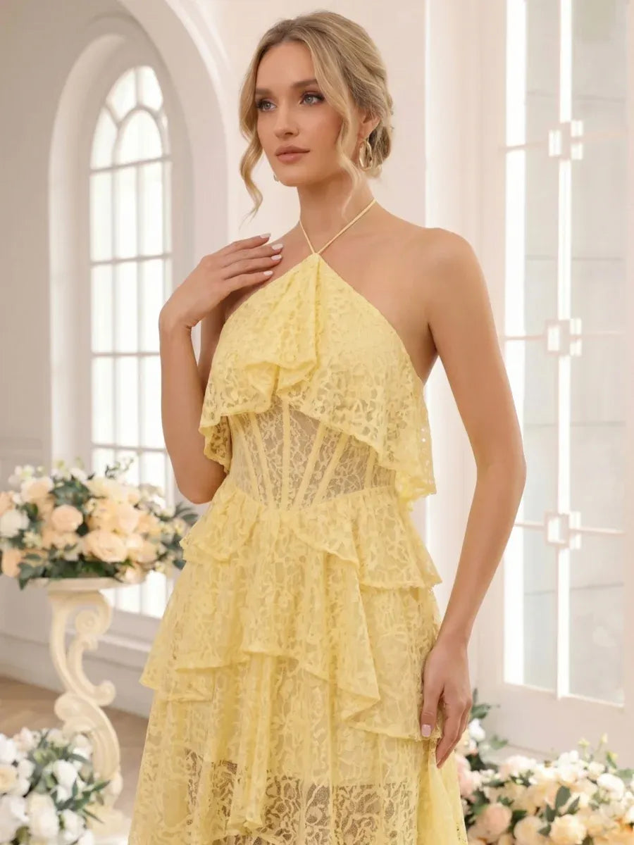 Romantic A-Line Halter Sleeveless Keyhole-Back Tiered High-Low Wedding Guest Dress