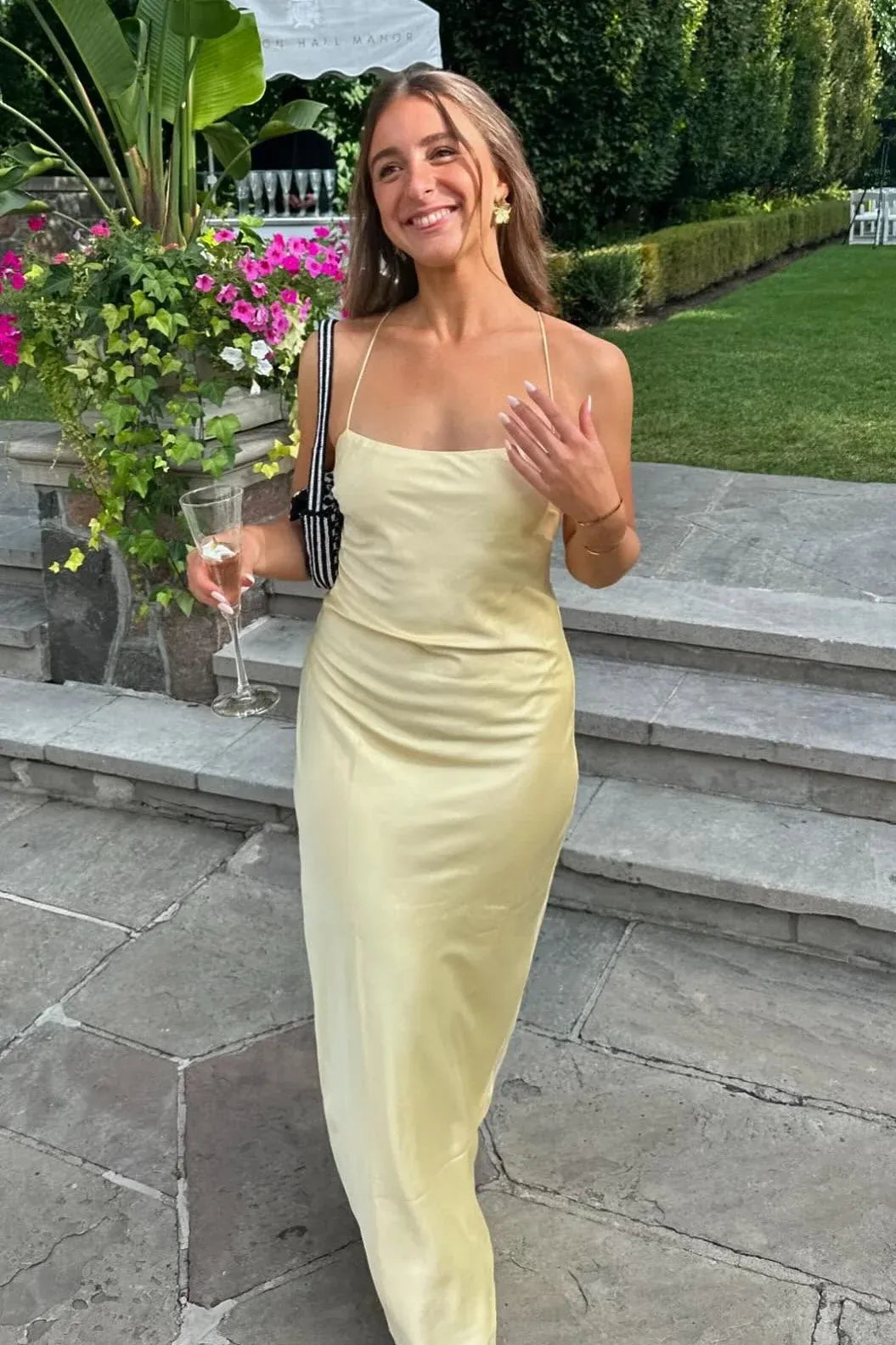 Elegant Sheath Cowl-Neck Spaghetti-Strap Criss-Cross-Back Floor-Length Prom Dress
