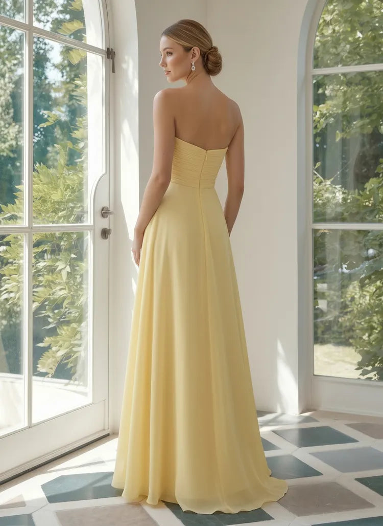 Romantic A-Line Sweetheart Strapless Chiffon Floor Length Wedding Guest Dress